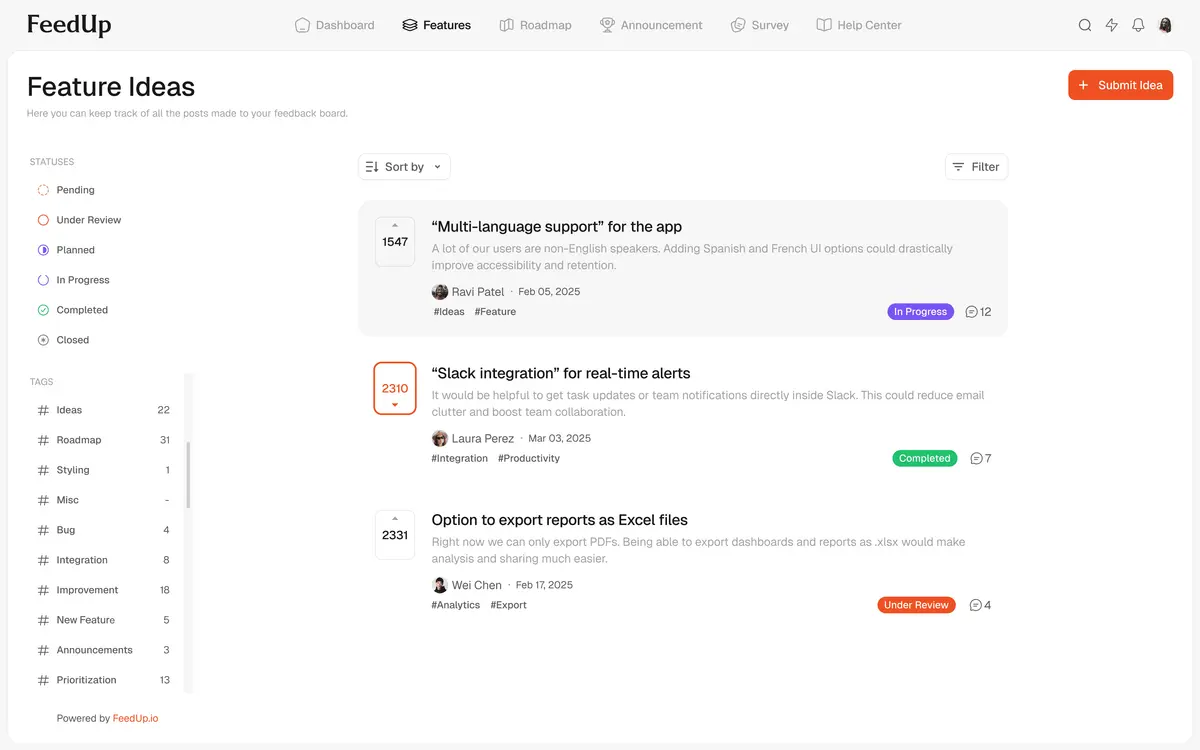 FeedUp - Interface de gestion des idées de fonctionnalités