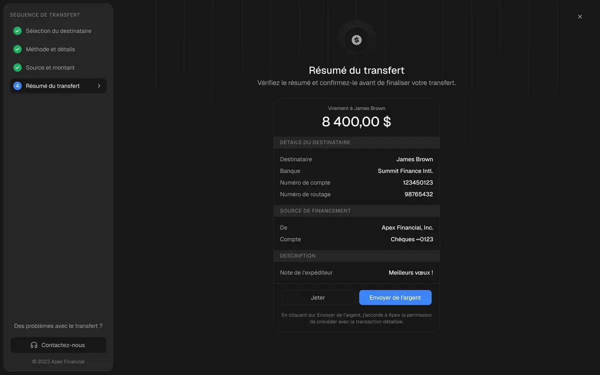 Résumé de transfert - Interface Fintech